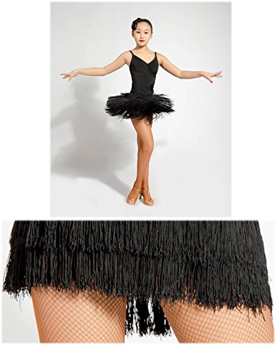 SCGGINTTANZ GD2002 Niña Profesional la Falda de la Superficie Plisada y el diseño oscilante Doble Borla Latino Moderno Danza Baile Fiesta para Los niños Chica (160, (FBA) Black)