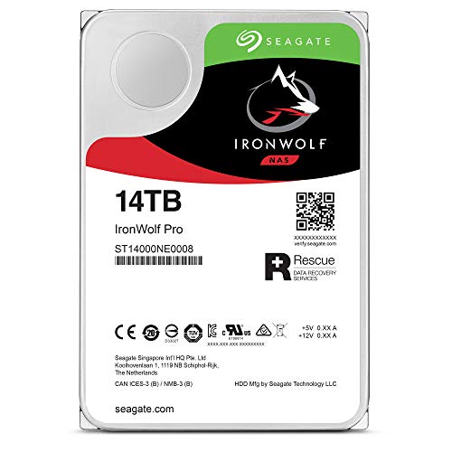 Seagate IronWolf Pro, 14 TB, NAS, Disco duro interno, HDD, CMR 3,5" SATA 6 Gb/s, 7200 r.p.m., caché de 256 MB para almacenamiento RAID, servicio de recuperación de datos (ST14000NE0008)