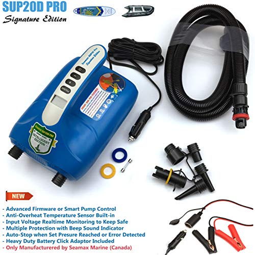 Seamax Bomba de aire eléctrica SUP20D 20PSI de doble etapa para SUP y barco inflables, nueva versión de firmware inteligente con sensor de temperatura integrado y protección de voltaje Seamax Bomba de aire eléctrica SUP20D 20PSI de doble etapa para SUP y barco inflables, nueva versión de firmware inteligente con sensor de temperatura integrado y protección de voltaje