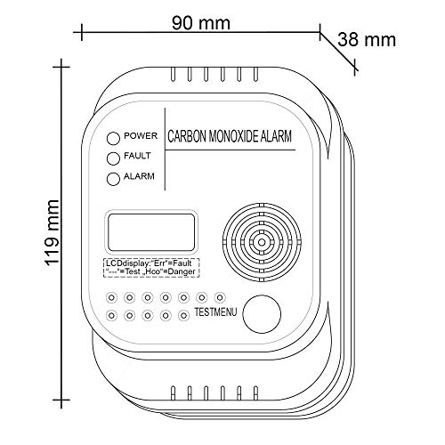 SEBSON Detector monoxido de Carbono, EN 50291, Alimentado por baterías, CO Alarma, Detector de Gas con Pantalla e indicador de Temperatura