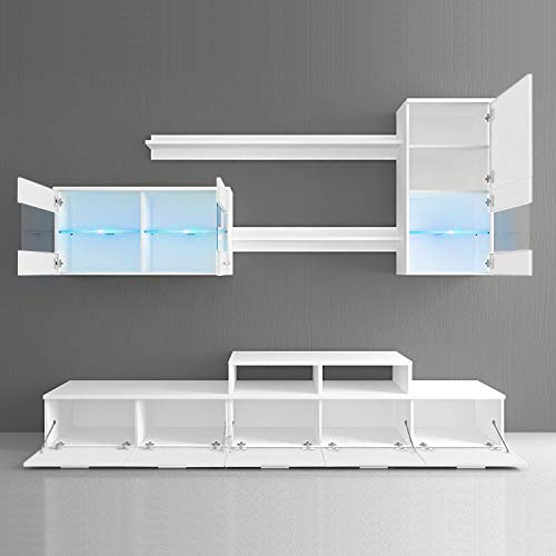 SelectionHome - Mueble salón Comedor Moderno con Leds, Acabado en Blanco Mate y Blanco Brillo Lacado, Medidas: 250x194x42 cm de Fondo