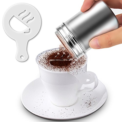 Senhai 2 agitadores de Polvo de Acero Inoxidable, Mesh Shaker Polvo latas de café Cocoa Cinnamon Powder con Tapa, con 16 Piezas Moldes de impresión Stencils