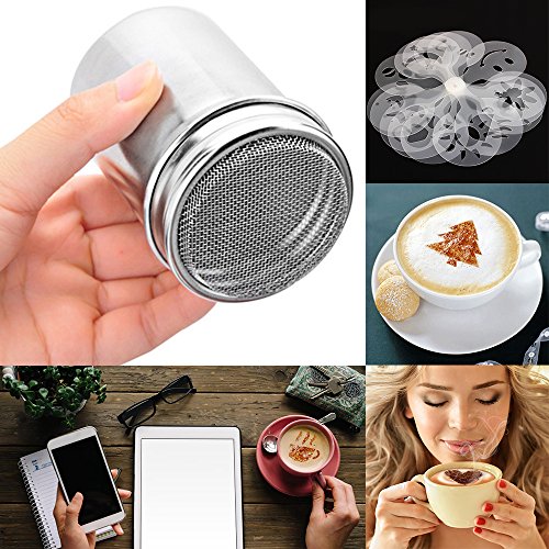Senhai 2 agitadores de Polvo de Acero Inoxidable, Mesh Shaker Polvo latas de café Cocoa Cinnamon Powder con Tapa, con 16 Piezas Moldes de impresión Stencils