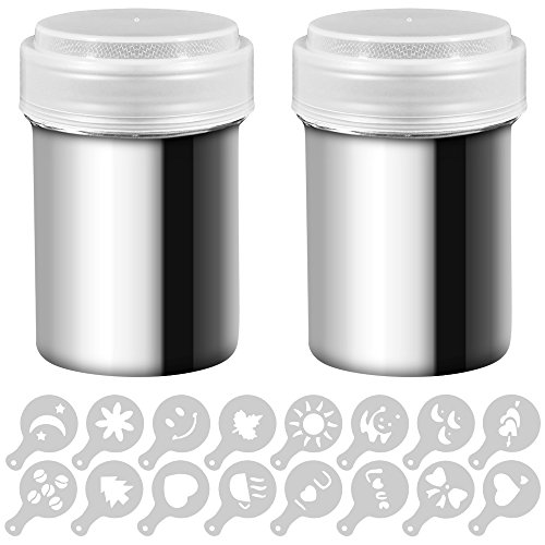 Senhai 2 agitadores de Polvo de Acero Inoxidable, Mesh Shaker Polvo latas de café Cocoa Cinnamon Powder con Tapa, con 16 Piezas Moldes de impresión Stencils