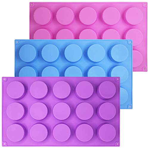 SENHAI 3 moldes cilíndricos de silicona de 15 agujeros para hacer chocolate, dulces, jabón, magdalenas, brownie, pasteles, pudín, galletas, morado, azul, rosa