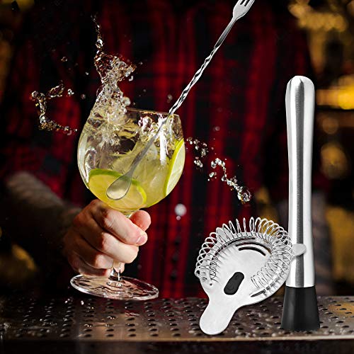 Senhai Acero Inoxidable Cóctel Muddler, Cuchara de Mezcla Espiral Y 4 Dientes Colador de Barra, Casa Bar Barman Herramienta de Muddling Conjunto