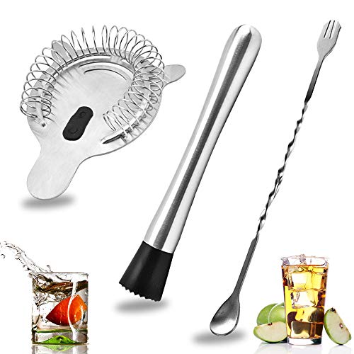 Senhai Acero Inoxidable Cóctel Muddler, Cuchara de Mezcla Espiral Y 4 Dientes Colador de Barra, Casa Bar Barman Herramienta de Muddling Conjunto Senhai Acero Inoxidable Cóctel Muddler, Cuchara de Mezcla Espiral Y 4 Dientes Colador de Barra, Casa Bar Barman Herramienta de Muddling Conjunto