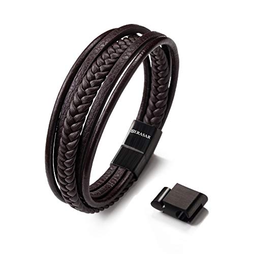 SERASAR 23cm Marrón Pulsera de Cuero Hombre Chico Pulseras Hombres Brazalete Brazaletes Pulso Muñequera Muñequeras Bisuteria Bisutería Joyeria Nudos Cuerda Cuerdas Bracelet Men Jewellery Unisex Ancha