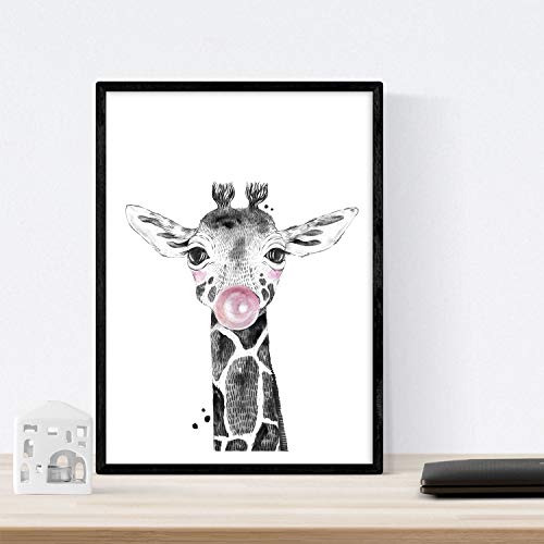 Set 6 posters animales bebes con chicle. Cebra Cerdo Girafa Ciervo Vaca Caballo.Tamaño A4
