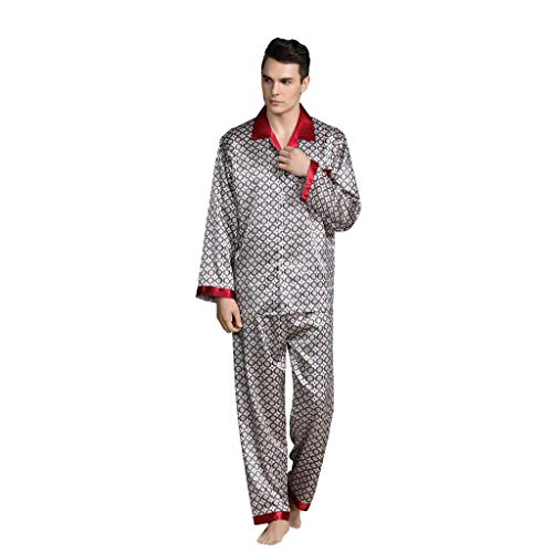 Set de 2 pcs Pijama para Hombre Camiseta Manga Larga Cómodo Pantalones de Satén Suave Ropa de Dormir Estampadas para Otoño Primavera Yvelands(Gris,L)