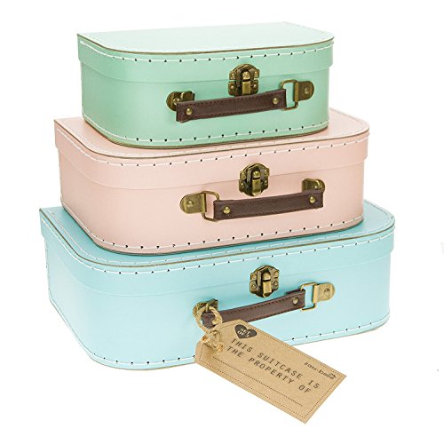 Set de 3 cajas con diseño de maleta vintage en colores pastel: verde, rosa y azul