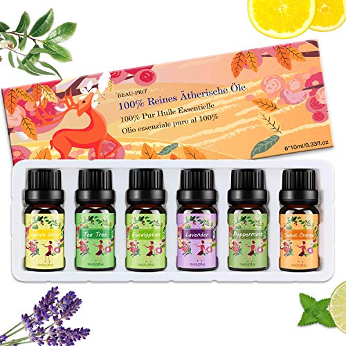 Set de aceites esenciales,100% Natural Puro Aromaterapia Aceite Aromático,6 x 10 ml (Lavanda, Hierba de Limón, Menta, Eucalipto, Árbol de té, Naranja dulce) para Humidificador y Difusor Aroma Set de aceites esenciales,100% Natural Puro Aromaterapia Aceite Aromático,6 x 10 ml (Lavanda, Hierba de Limón, Menta, Eucalipto, Árbol de té, Naranja dulce) para Humidificador y Difusor Aroma