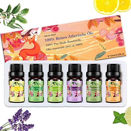 Set de aceites esenciales,100% Natural Puro Aromaterapia Aceite Aromático,6 x 10 ml (Lavanda, Hierba de Limón, Menta, Eucalipto, Árbol de té, Naranja dulce) para Humidificador y Difusor Aroma