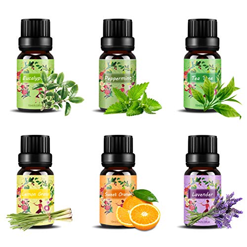 Set de aceites esenciales,100% Natural Puro Aromaterapia Aceite Aromático,6 x 10 ml (Lavanda, Hierba de Limón, Menta, Eucalipto, Árbol de té, Naranja dulce) para Humidificador y Difusor Aroma