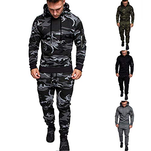 Set de chándals Casuales para Hombre Conjunto de Manga Larga con Capucha de Fondos para Fondos para Deportes Trajes Deportivos Pantalones Gray Camouflage-XXL