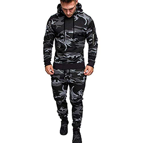 Set de chándals Casuales para Hombre Conjunto de Manga Larga con Capucha de Fondos para Fondos para Deportes Trajes Deportivos Pantalones Gray Camouflage-XXL