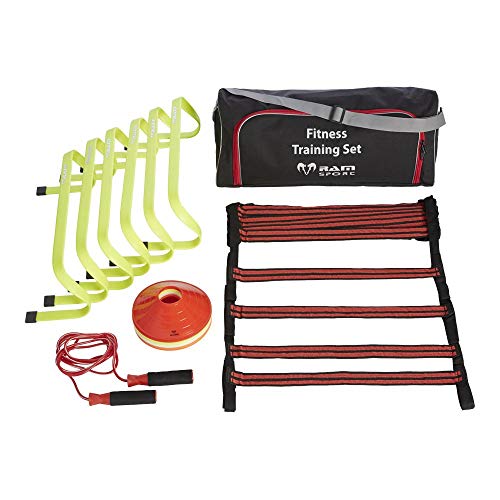 Set de entrenamiento de fitness - Ideal para entrenamiento personal, ejercicio y fuerza - Equipamiento de gimnasio en casa - Incluye 6 vallas, 1 escalera de agilidad de tela, 20 conos marcadores y 1 cuerda de saltar - En bolsa de transporte