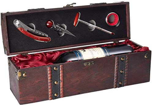 Set de Vino de Regalo con 1 Botella de Vino Tinto de La Cosecha 2008 Marquis de Lugon - En Caja de Madera con Set de Sommelier