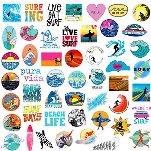 SetProducts  Top Pegatinas! Juego de 50 Pegatinas de Surf Vinilos - No Vulgares - Surfing, Playa, Beach - Personalización Portátil, Auto, Moto, Laptop, Mac, Pc