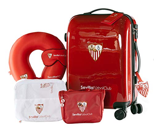 Sevilla Fútbol Club - Pack de Viaje Maleta y Accesorios - Producto Oficial del Equipo Temporada 19/20. Incluye Almohada Cervical, Organizador de Equipaje, Neceser, Antifaz y Etiqueta de Equipaje.