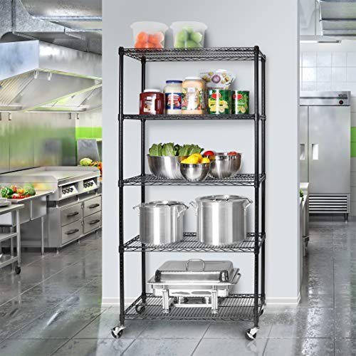 Seville Classics Mega Rack Estantería de Alambre de Acero de 5 Niveles con Ruedas, de 60 Pulgadas de Ancho x 24 Pulgadas de Profundidad, Cromado, Acero Metal Cromo, Negro, 36" W x 18" D