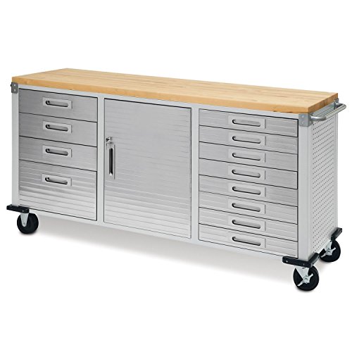 Seville Classics UHD20242 El Banco de Trabajo con 12 cajones, 182,9 x 50,8 x 95,2 cm, Soporte de Metal con Revestimiento en Polvo, de Panel de Madera de Haya Maciza, Gris