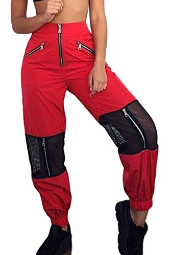 Sevozimda La Mujer Casual Pantalones Cargo De Malla con Cremallera Longitud Completa Stich Jogger Pant Pantalón De Deporte Red M