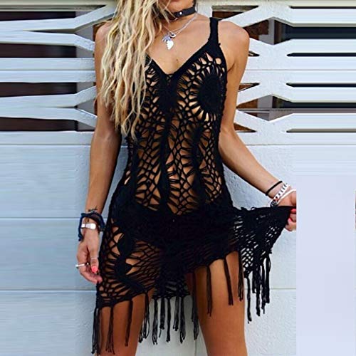 Sexy Hueco Borlas Vestido de Playa, Dragon868 Mujer Sin Mangas V-Cuello Crochet Kaftan Vestido, Traje de Baño Bikini Cover Up, Ropa de Camisolas Pareos Cubrir de NatacióN, Tamaño Único