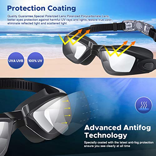 SGODDE Gafas de Natación Antivaho, Protección UV Gafas para Nadar,Sin Fugas Ajustable Gafas de Buceo con Gorro de Natacion Suave,Clip de Nariz,Enchufe de Oído,Funda Protectora,para Hombre Mujere Niño