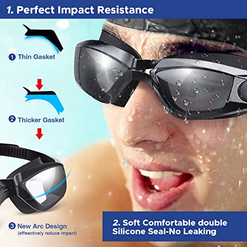 SGODDE Gafas de Natación Antivaho, Protección UV Gafas para Nadar,Sin Fugas Ajustable Gafas de Buceo con Gorro de Natacion Suave,Clip de Nariz,Enchufe de Oído,Funda Protectora,para Hombre Mujere Niño