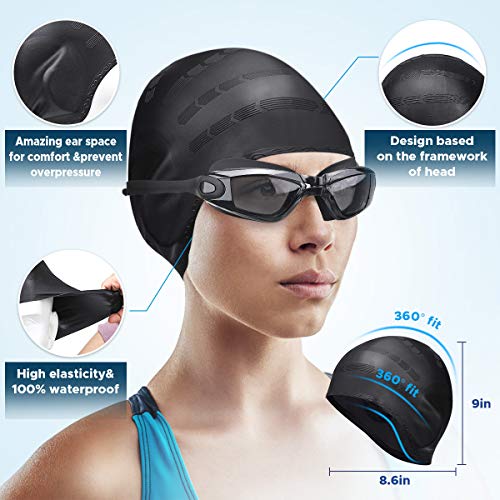 SGODDE Gafas de Natación Antivaho, Protección UV Gafas para Nadar,Sin Fugas Ajustable Gafas de Buceo con Gorro de Natacion Suave,Clip de Nariz,Enchufe de Oído,Funda Protectora,para Hombre Mujere Niño