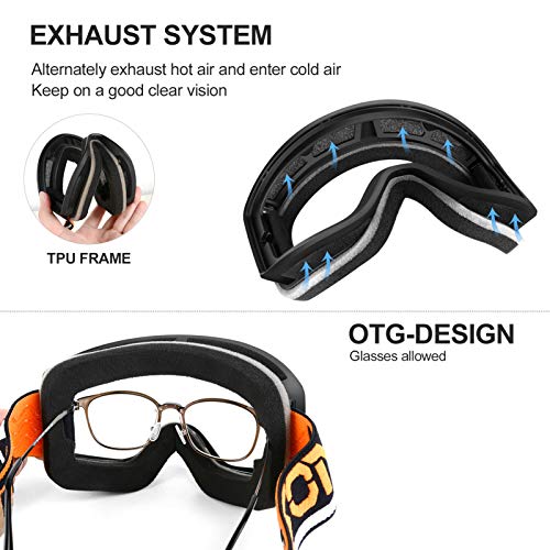 SGTTX Gafas de esquí de doble capa con lente OTG para snowboard, antivaho, protección UV400, compatible con casco de esquí, para hombres, mujeres, jóvenes, adultos