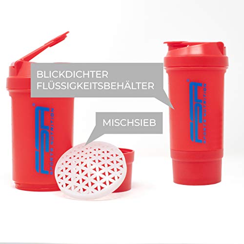 Shaker 500 ml con compartimento para los polvos, Preparador de batidos de proteínas y BCAA, libres de BPA y a prueba de vertidos, de la marca de deporte profesional FSA Nutrition - Rojo