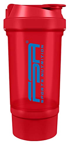 Shaker 500 ml con compartimento para los polvos, Preparador de batidos de proteínas y BCAA, libres de BPA y a prueba de vertidos, de la marca de deporte profesional FSA Nutrition - Rojo