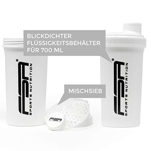 Shaker 700 ml, Preparador de batidos de proteínas y BCAA, libres de BPA y a prueba de vertidos, de la marca de deporte profesional FSA Nutrition - Blanco