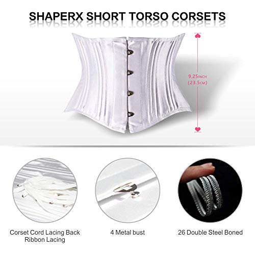 SHAPERX Mujers Corsé Deshuesado de Acero de 26 Torso Corto Heavy Duty Corsé de la Cintura del Amaestrador para la Pérdida del Peso,UK-DT1934-White-3XL