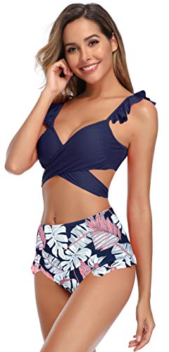 SHEKINI Bikini de Dos Piezas Correas Cruzadas Encaje Traje de Baño Cintura Alta Bañador (L, Azul Oscuro) SHEKINI Bikini de Dos Piezas Correas Cruzadas Encaje Traje de Baño Cintura Alta Bañador (L, Azul Oscuro)