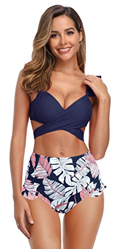 SHEKINI Bikini de Dos Piezas Correas Cruzadas Encaje Traje de Baño Cintura Alta Bañador (L, Azul Oscuro) SHEKINI Bikini de Dos Piezas Correas Cruzadas Encaje Traje de Baño Cintura Alta Bañador (L, Azul Oscuro)