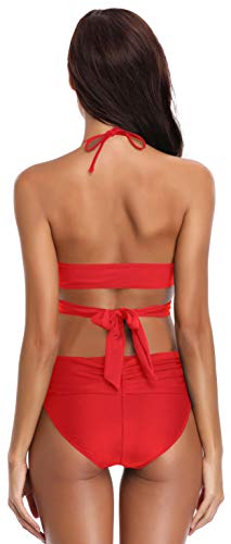SHEKINI Bikini de Traje de baño de Colores Oscuros para Mujer Bikini de Tirantes Bikini de Cintura Alta de Dos Piezas (M, Rojo)