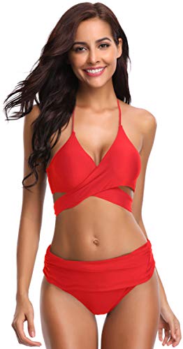 SHEKINI Bikini de Traje de baño de Colores Oscuros para Mujer Bikini de Tirantes Bikini de Cintura Alta de Dos Piezas (M, Rojo)