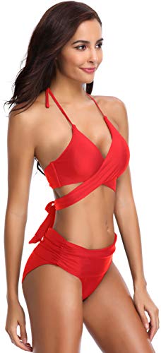 SHEKINI Bikini de Traje de baño de Colores Oscuros para Mujer Bikini de Tirantes Bikini de Cintura Alta de Dos Piezas (M, Rojo)