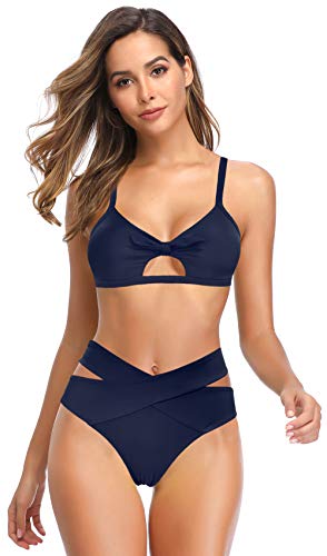 SHEKINI Mujer Bañador de Dos Piezas Correa de Hombro Ajustable Cutout Top de Bikini Elegante Traje de Baño de Dos Piezas Cruzado Triángulo Parte Inferior del Bikini(L,Azul Oscuro-B)