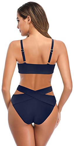 SHEKINI Mujer Bañador de Dos Piezas Correa de Hombro Ajustable Cutout Top de Bikini Elegante Traje de Baño de Dos Piezas Cruzado Triángulo Parte Inferior del Bikini(L,Azul Oscuro-B)