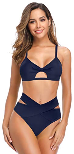 SHEKINI Mujer Bañador de Dos Piezas Correa de Hombro Ajustable Cutout Top de Bikini Elegante Traje de Baño de Dos Piezas Cruzado Triángulo Parte Inferior del Bikini(L,Azul Oscuro-B)