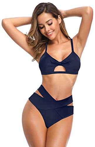 SHEKINI Mujer Bañador de Dos Piezas Correa de Hombro Ajustable Cutout Top de Bikini Elegante Traje de Baño de Dos Piezas Cruzado Triángulo Parte Inferior del Bikini(L,Azul Oscuro-B)