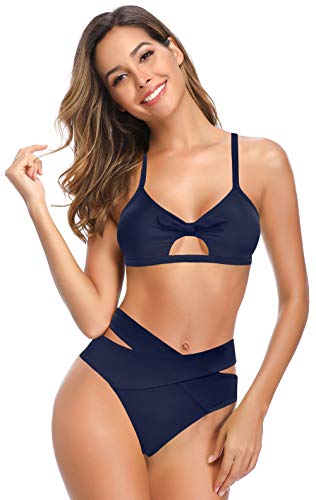 SHEKINI Mujer Bañador de Dos Piezas Correa de Hombro Ajustable Cutout Top de Bikini Elegante Traje de Baño de Dos Piezas Cruzado Triángulo Parte Inferior del Bikini(L,Azul Oscuro-B)