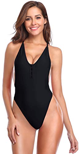 SHEKINI Mujer Traje de Baño de una Sola Pieza Sexy Deep V Bañador Tirantes Ajustables Ropa de Baño de Gran Tamaño para Mujer (S,C-Negro)
