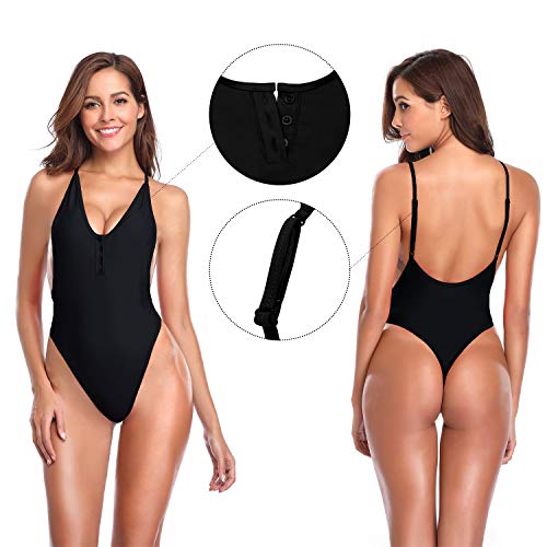 SHEKINI Mujer Traje de Baño de una Sola Pieza Sexy Deep V Bañador Tirantes Ajustables Ropa de Baño de Gran Tamaño para Mujer (S,C-Negro)