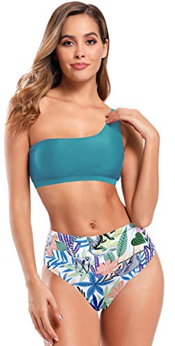 SHEKINI Mujer Traje de baño Dividido para Mujer Bikinis Conjuntos Bañador Sexy con Hombros Oblicuos Bañador Estampado de Cintura Alta (M, Verde Oscuro)