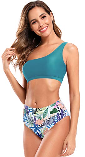 SHEKINI Mujer Traje de baño Dividido para Mujer Bikinis Conjuntos Bañador Sexy con Hombros Oblicuos Bañador Estampado de Cintura Alta (M, Verde Oscuro)